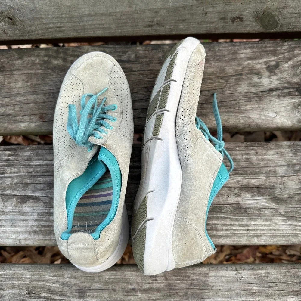 Dansko‎ Elise Perforated Suede Lace Up Comfort Sneakers Tan Teal Blue Sz 39 US 9